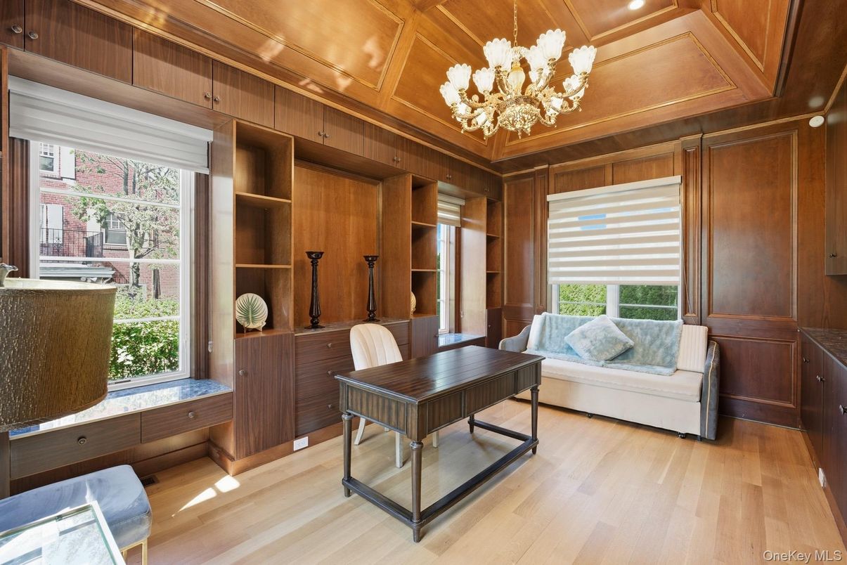 Chandelier, Home Office, Interior, Recessed Lighting, Wooden Ceilings, Wood Texture Flooring, Wooden Walls