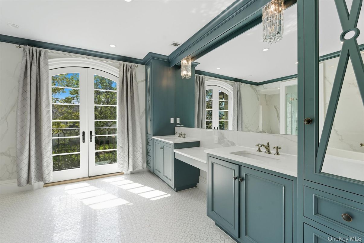Bathroom, Dual Sink Vanities, Interior, Marble Walls, Recessed Lighting