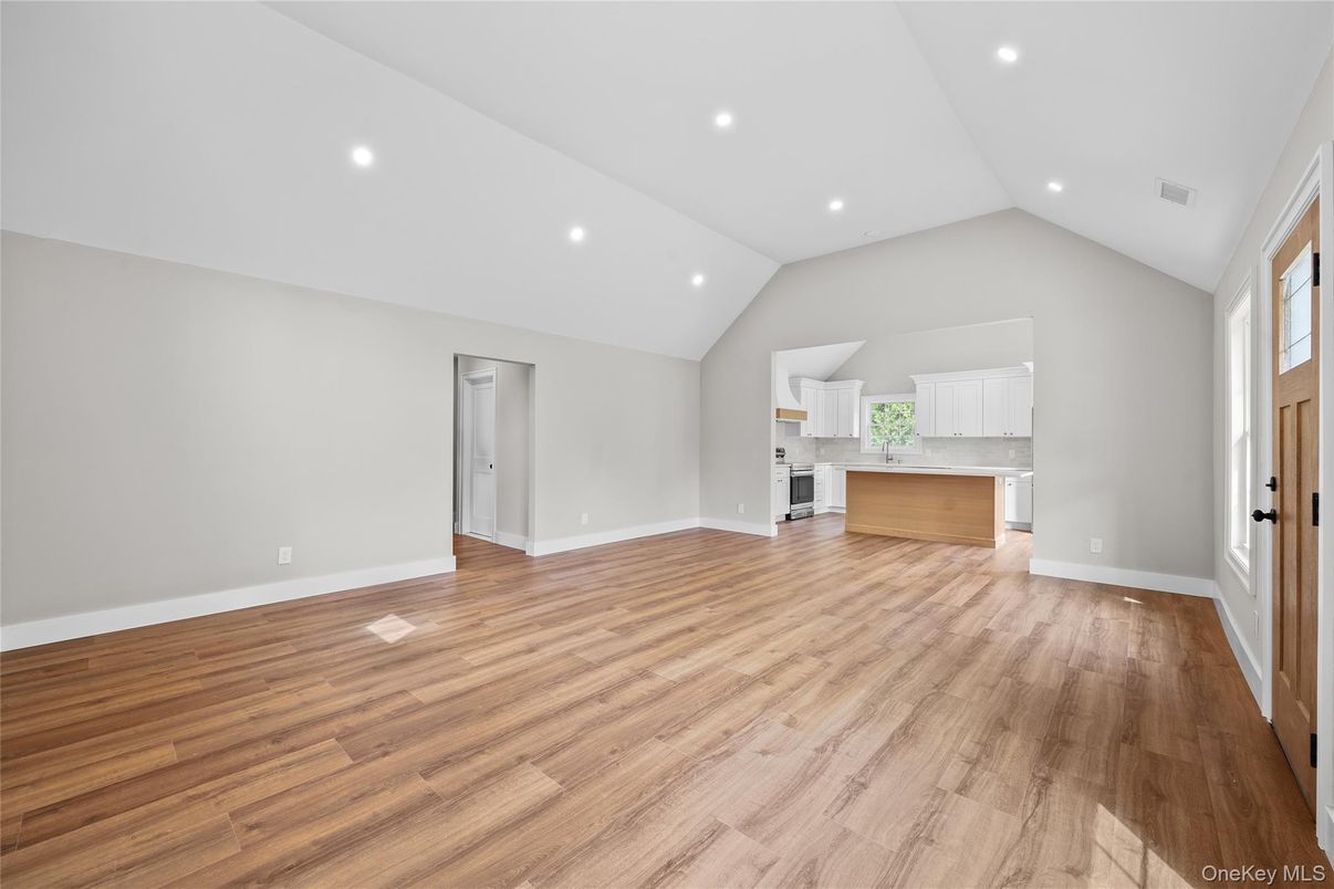 Empty room, Interior, Kitchen, Recessed Lighting, Wood Texture Flooring