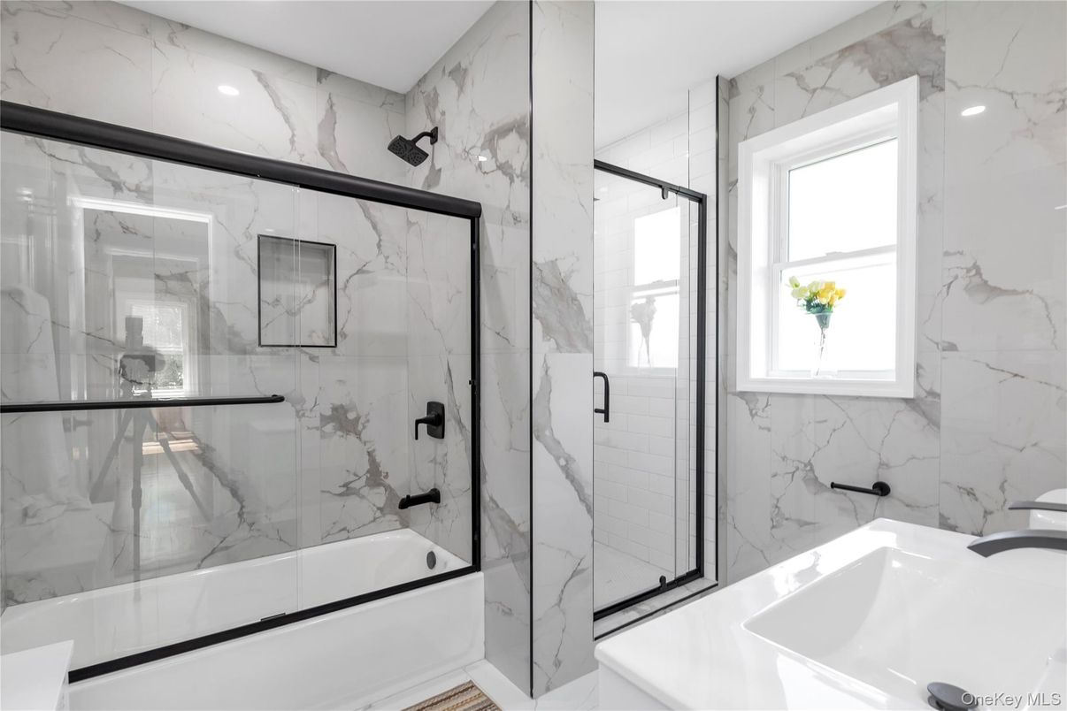 Bathroom, Glass Shower, Interior, Marble Walls, Recessed Lighting