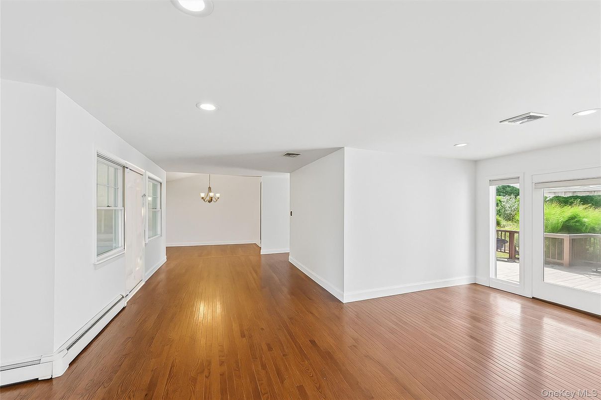 Chandelier, Empty room, Interior, Recessed Lighting, Wood Texture Flooring