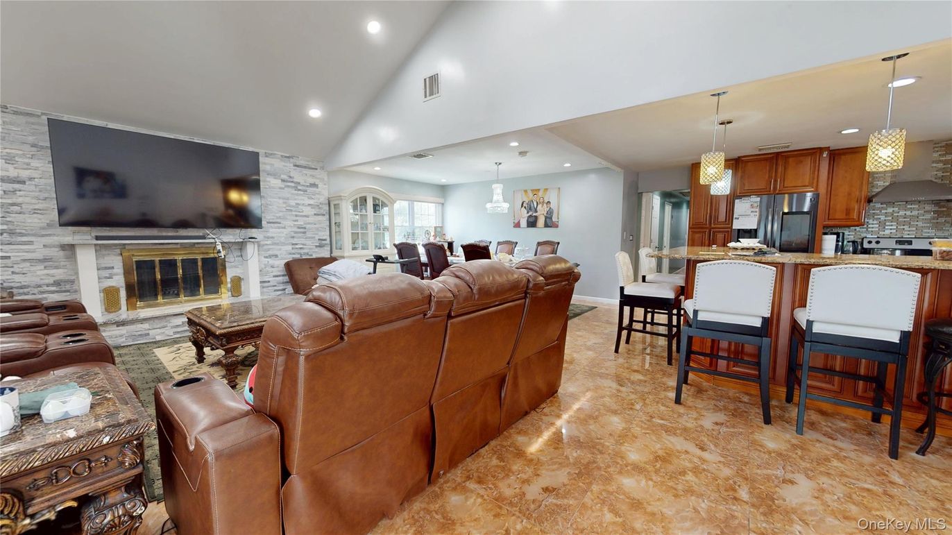 Dining room, Fireplace, Interior, Kitchen, Living room, Pendant Lights, Recessed Lighting, Stone Walls