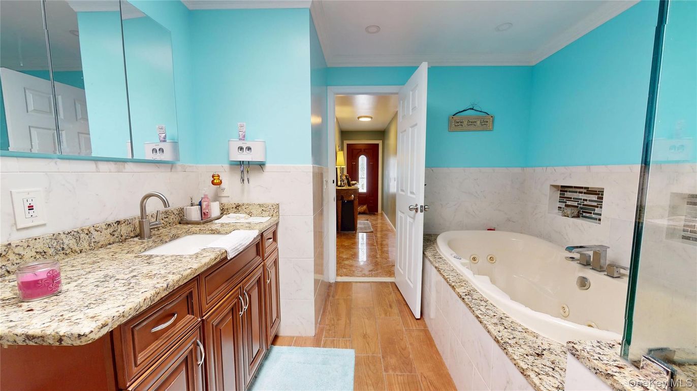 Bathroom, Glass Shower, Interior, Recessed Lighting, Wood Texture Flooring