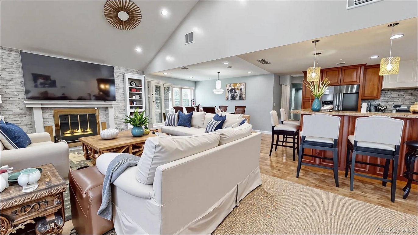 Dining room, Fireplace, Interior, Kitchen, Living room, Pendant Lights, Recessed Lighting, Stone Walls, Wood Texture Flooring