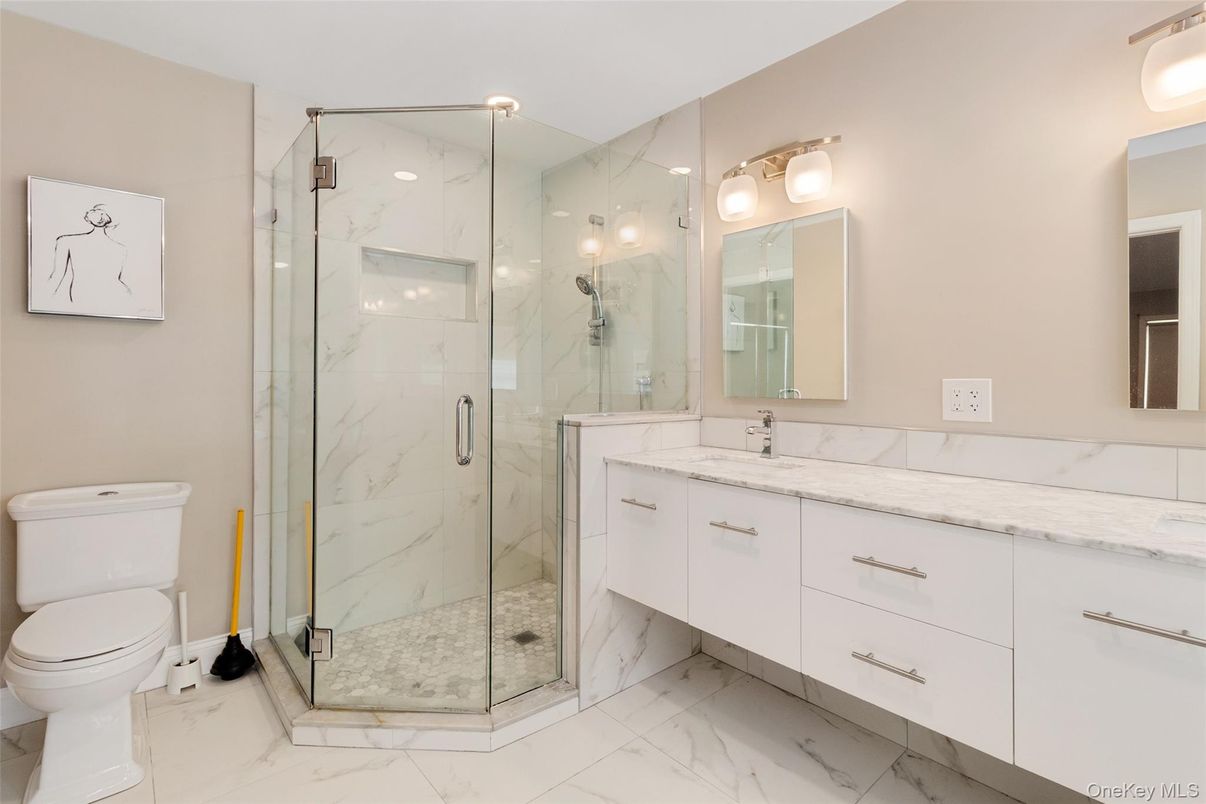 Bathroom, Dual Sink Vanities, Glass Shower, Interior, Marble, Marble Walls