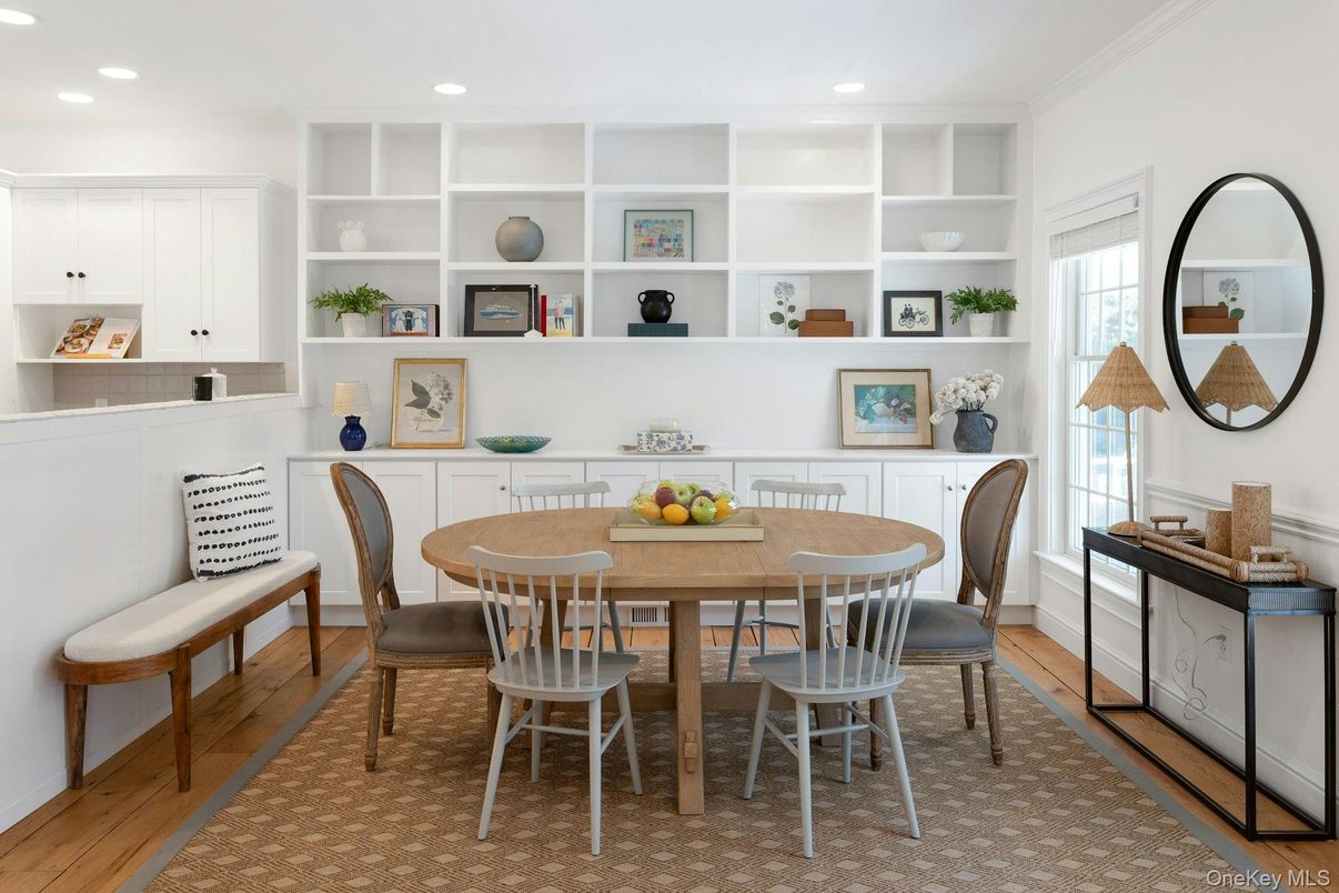 Dining room, Interior, Recessed Lighting, Wood Texture Flooring