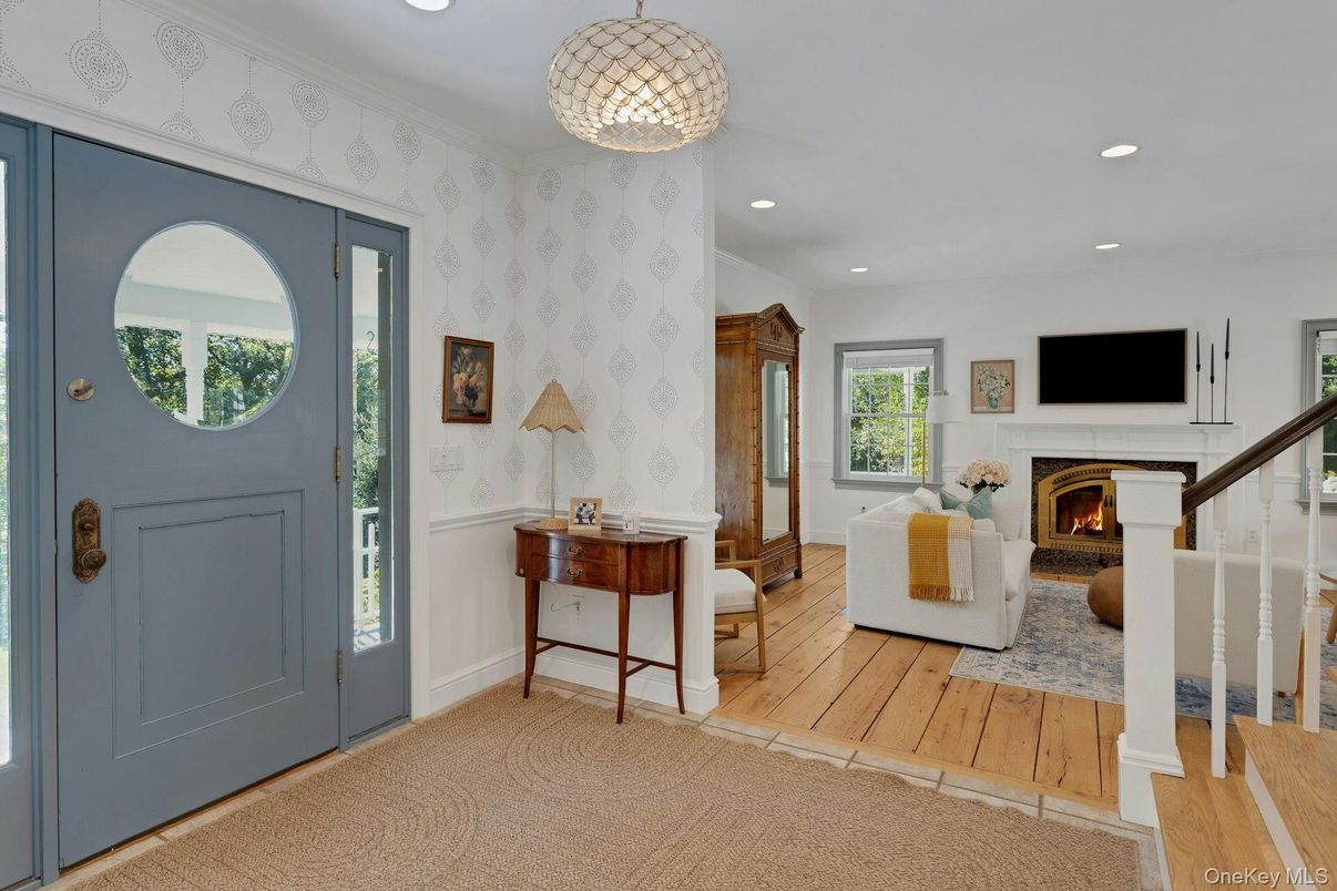 Fireplace, Interior, Pendant Lights, Recessed Lighting, Wood Texture Flooring