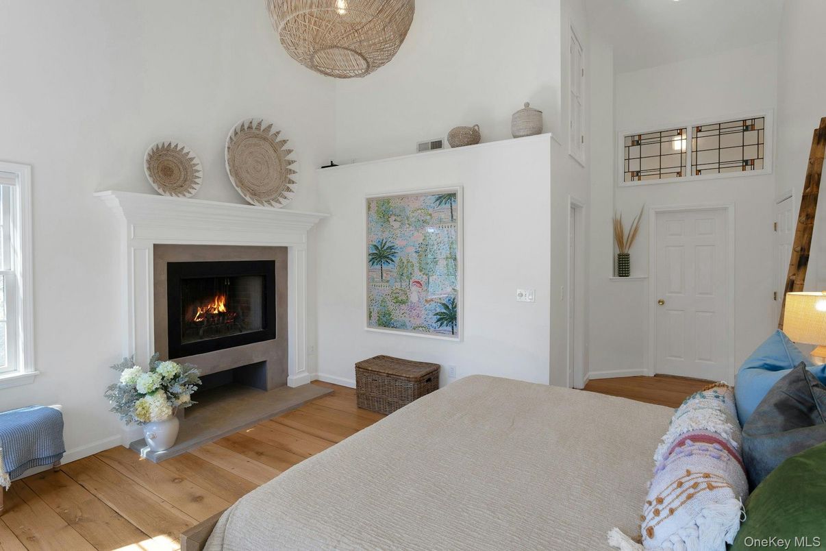 Bedroom, Fireplace, Interior, Wood Texture Flooring