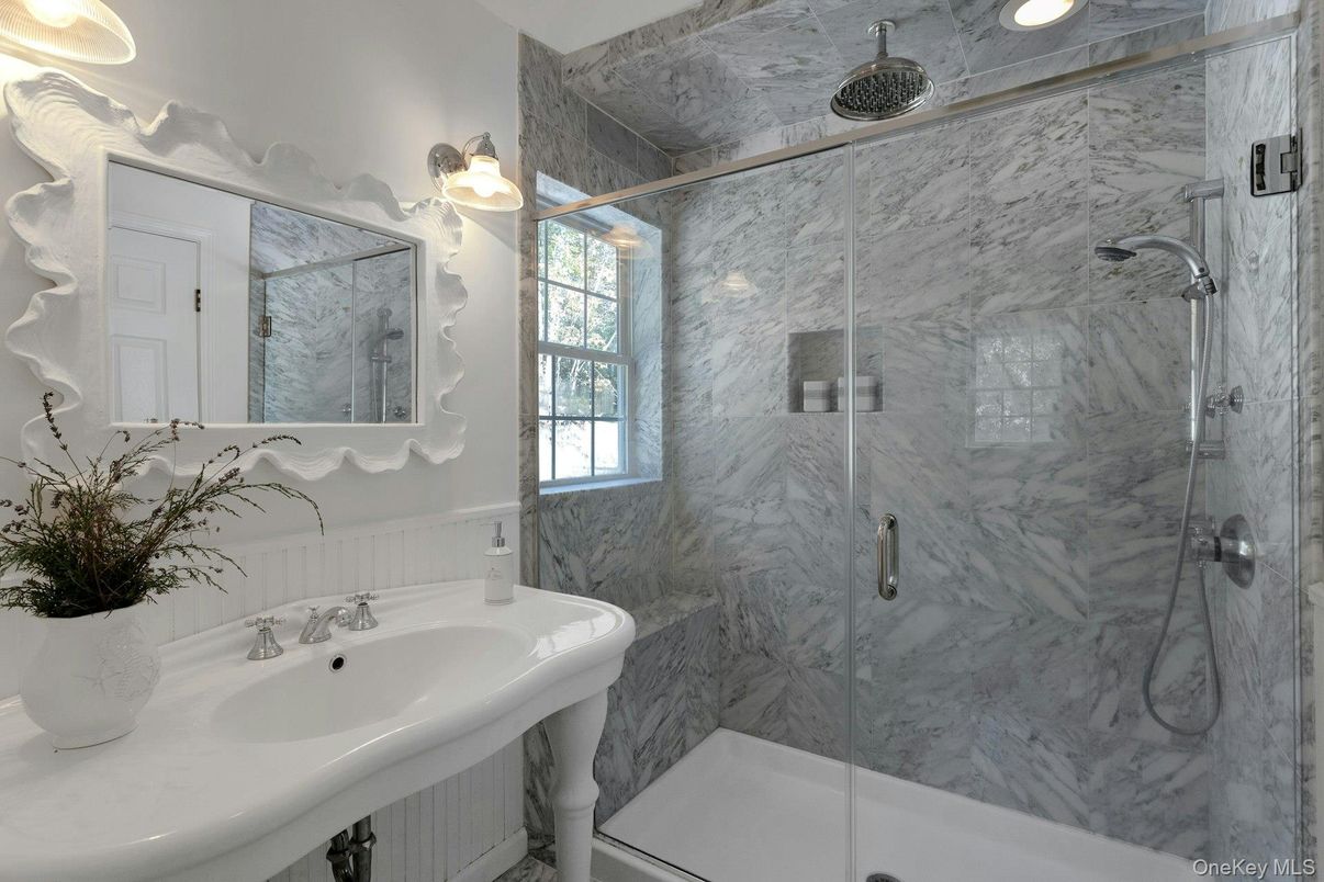Bathroom, Glass Shower, Interior, Marble Walls, Recessed Lighting