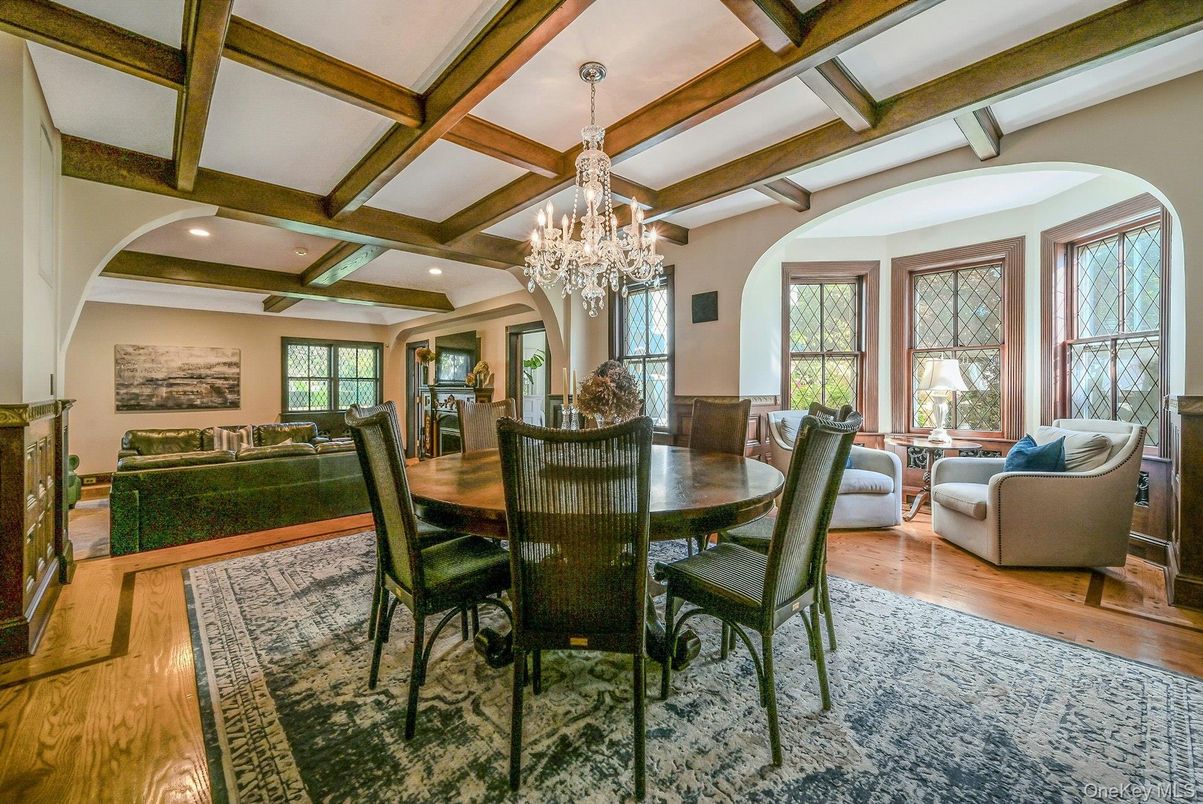 Chandelier, Dining room, Interior, Living room, Recessed Lighting, Wooden Beams, Wood Texture Flooring