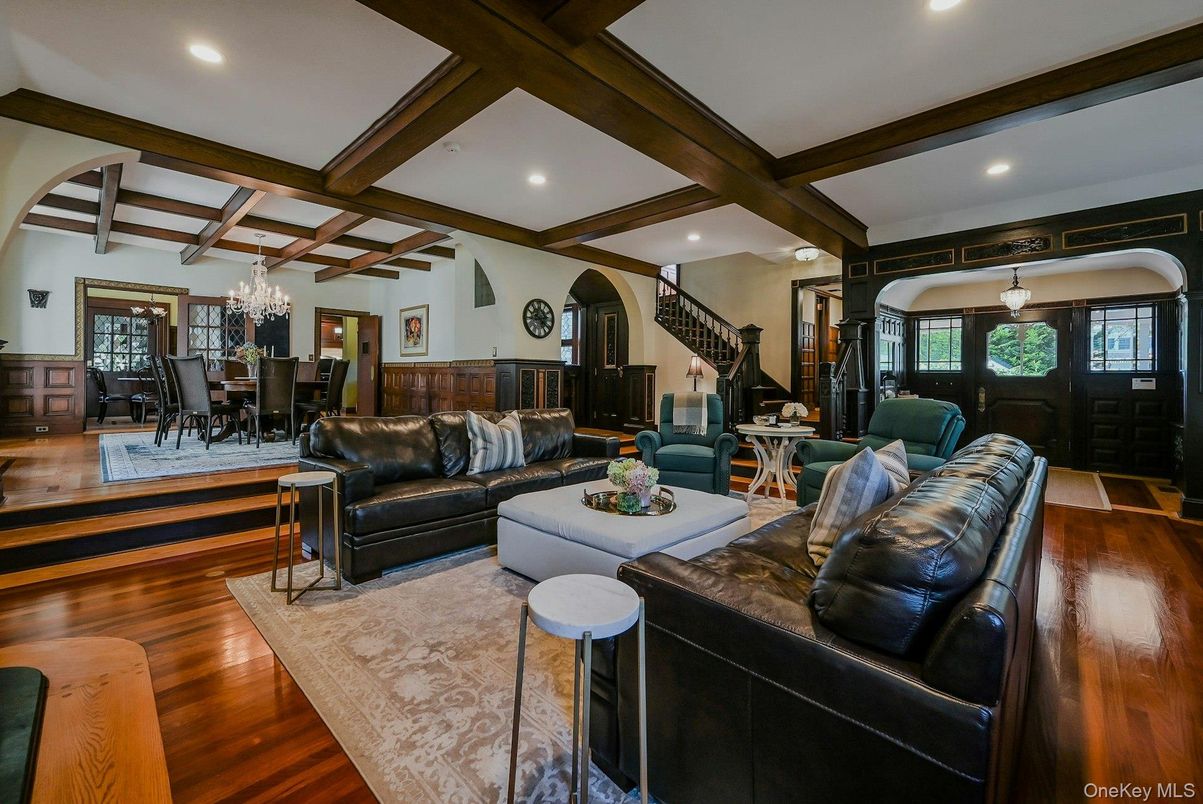 Chandelier, Dining room, Interior, Living room, Recessed Lighting, Wooden Beams, Wood Texture Flooring