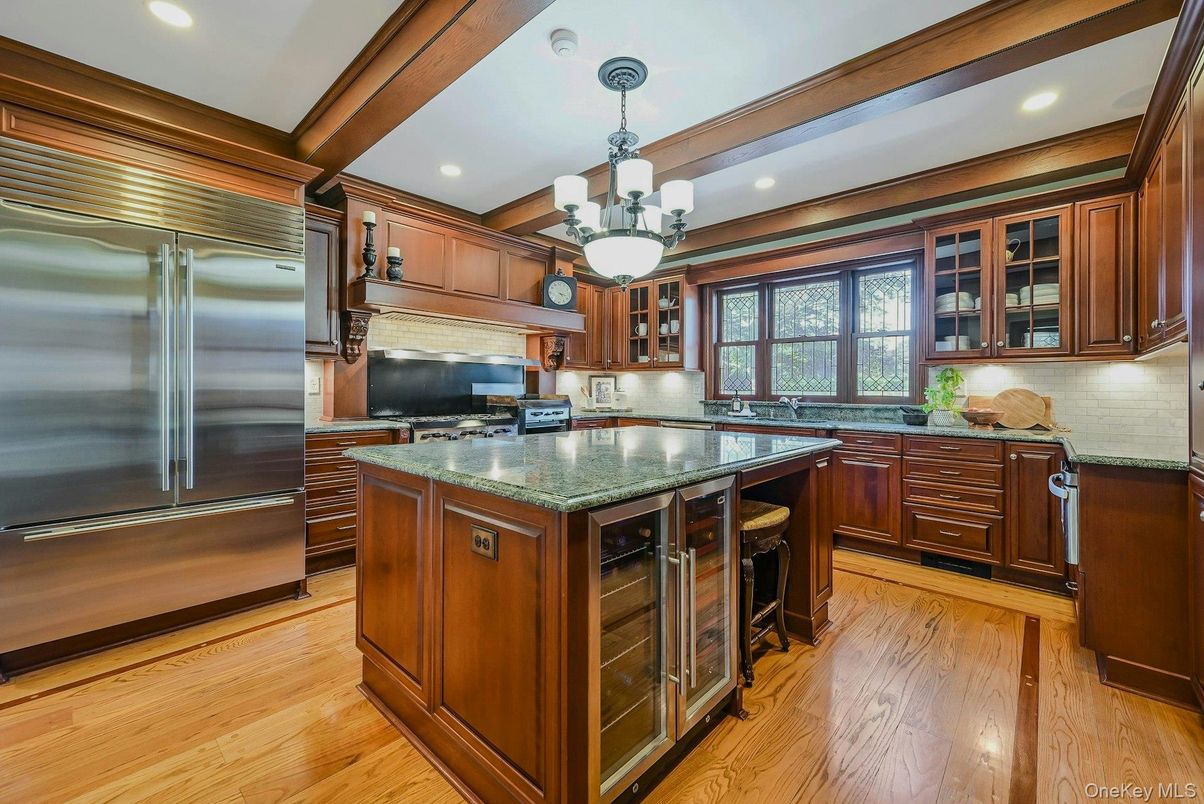 Chandelier, Interior, Kitchen, Recessed Lighting, Stainless Steel Appliances, Wooden Beams, Wood Texture Flooring