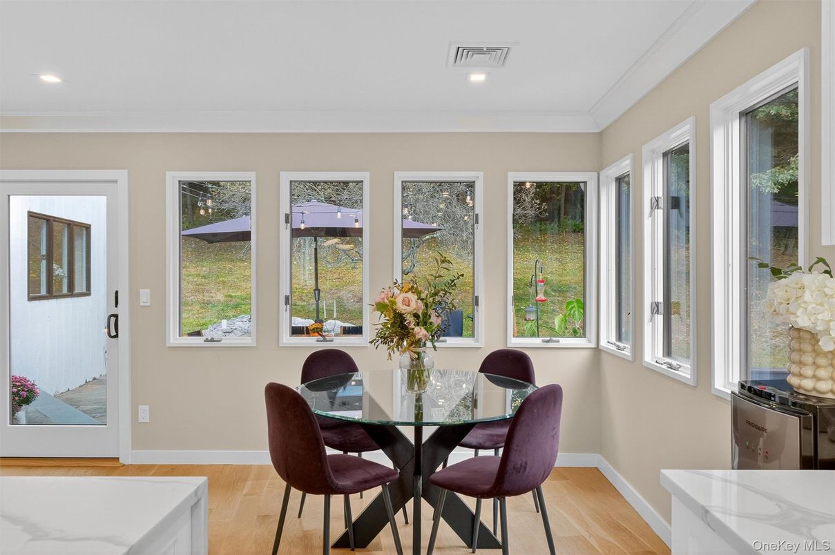 Dining room, Interior, Recessed Lighting, Wood Texture Flooring
