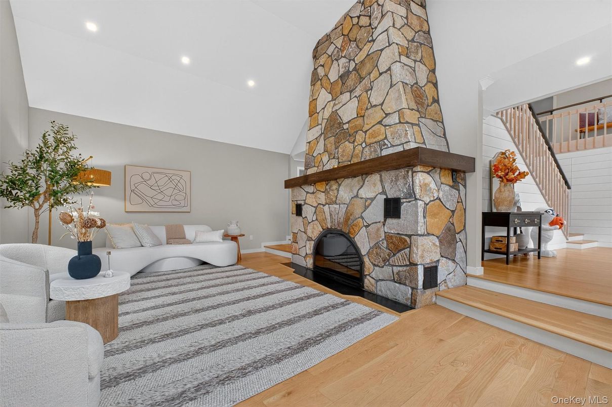 Fireplace, Interior, Recessed Lighting, Stone Walls, Wood Texture Flooring
