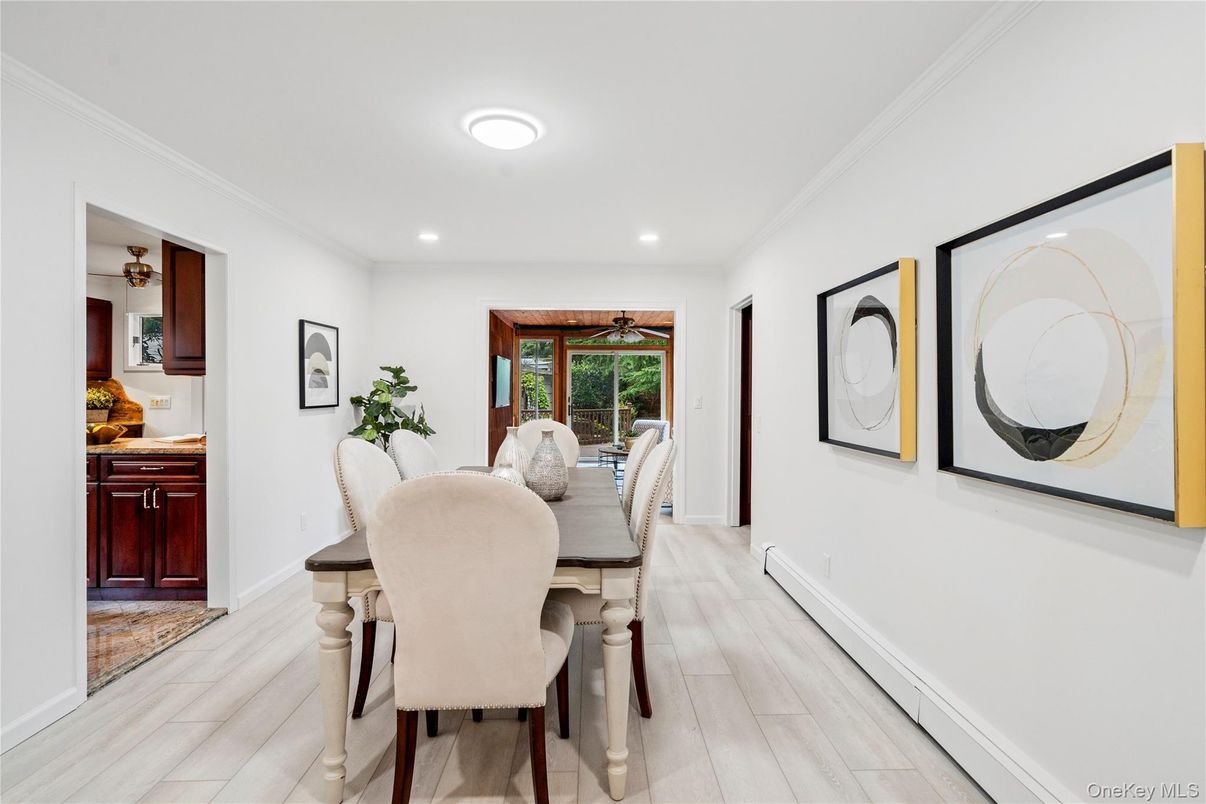 Dining room, Interior, Recessed Lighting, Wood Texture Flooring