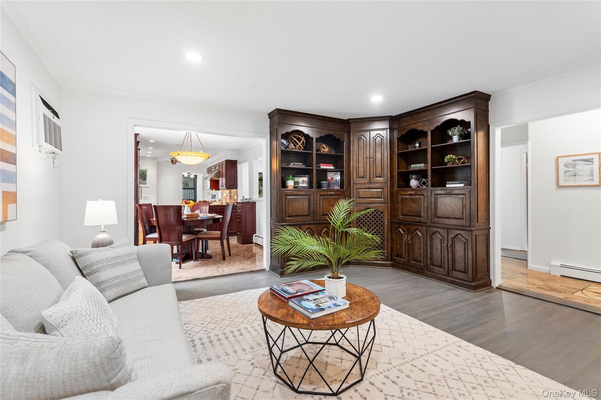 Dining room, Interior, Living room, Recessed Lighting, Wood Texture Flooring