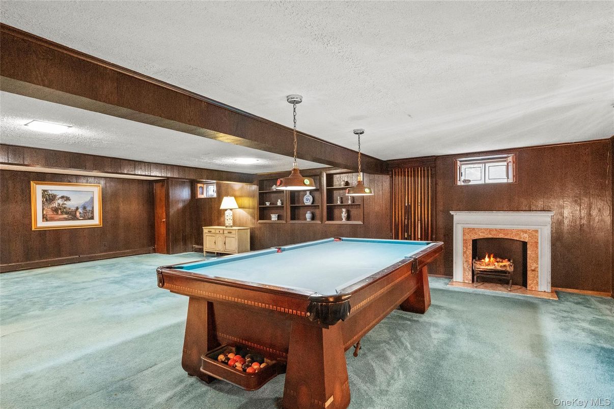 Billiard Table, Fireplace, Game Room, Interior, Pendant Lights, Wooden Walls
