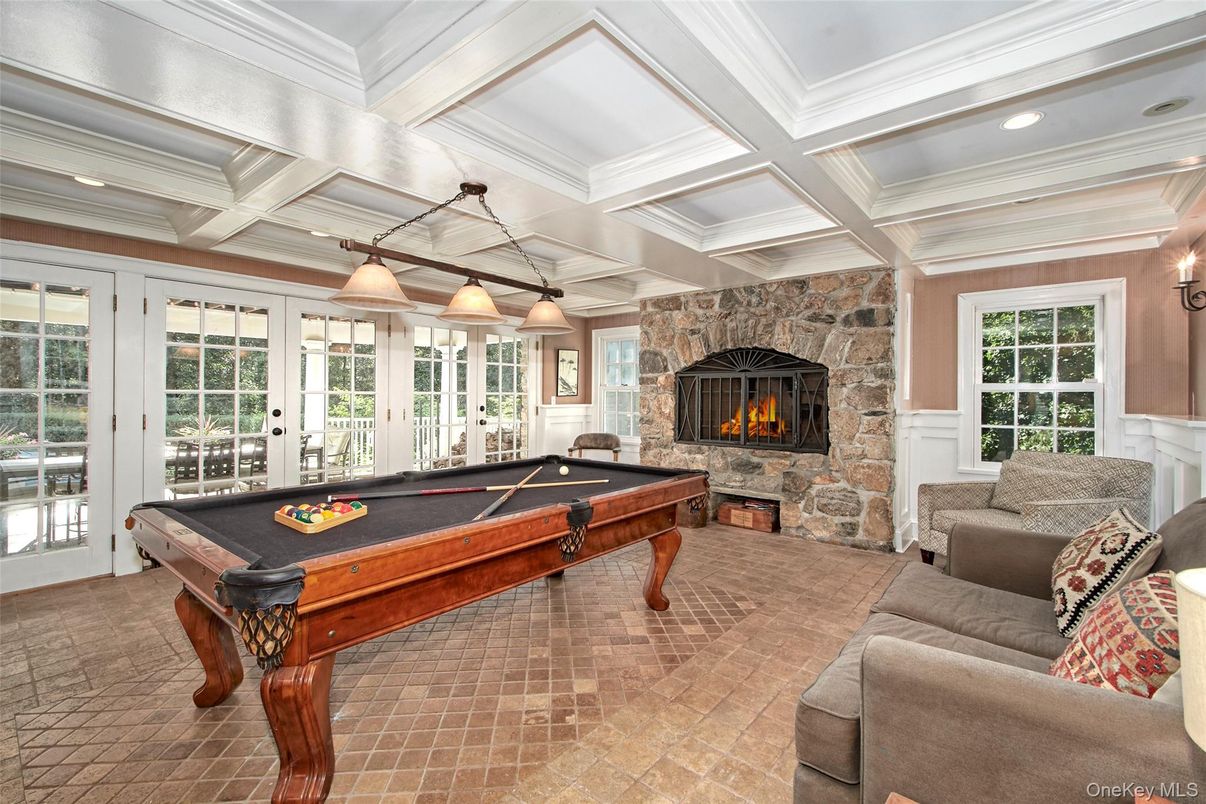 Billiard Table, Fireplace, Game Room, Interior, Pendant Lights, Recessed Lighting, Stone Walls