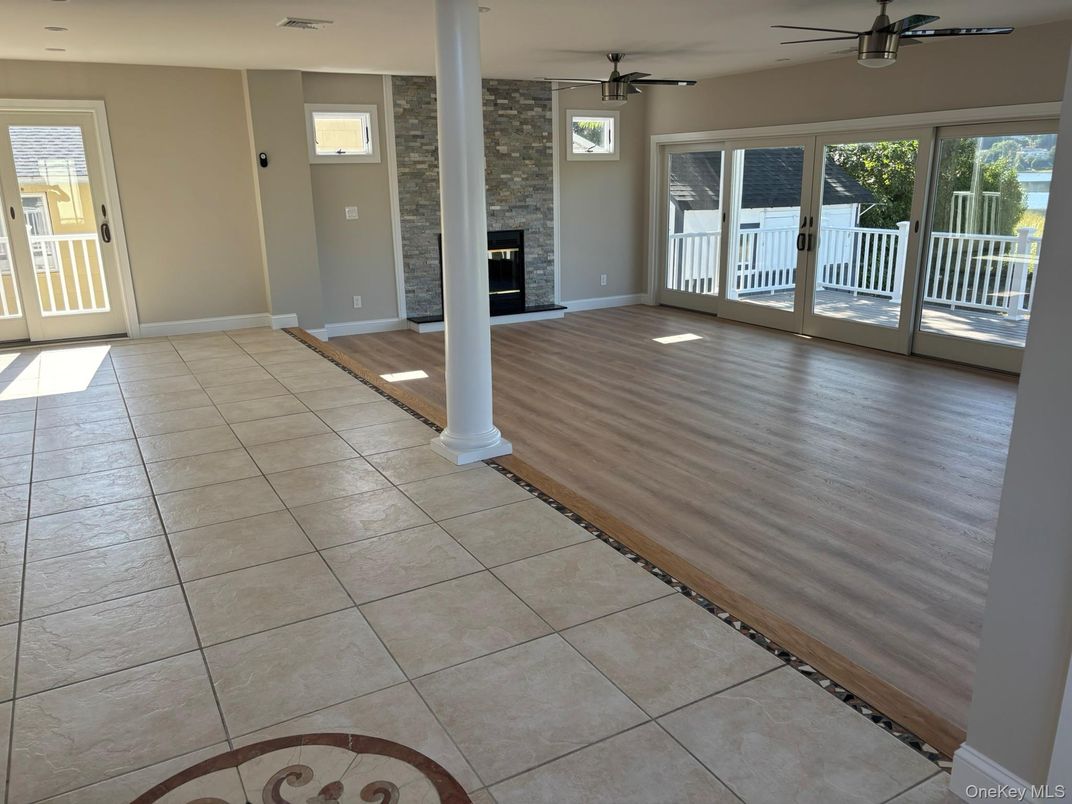 Empty room, Fireplace, Interior, Stone Walls, Wood Texture Flooring