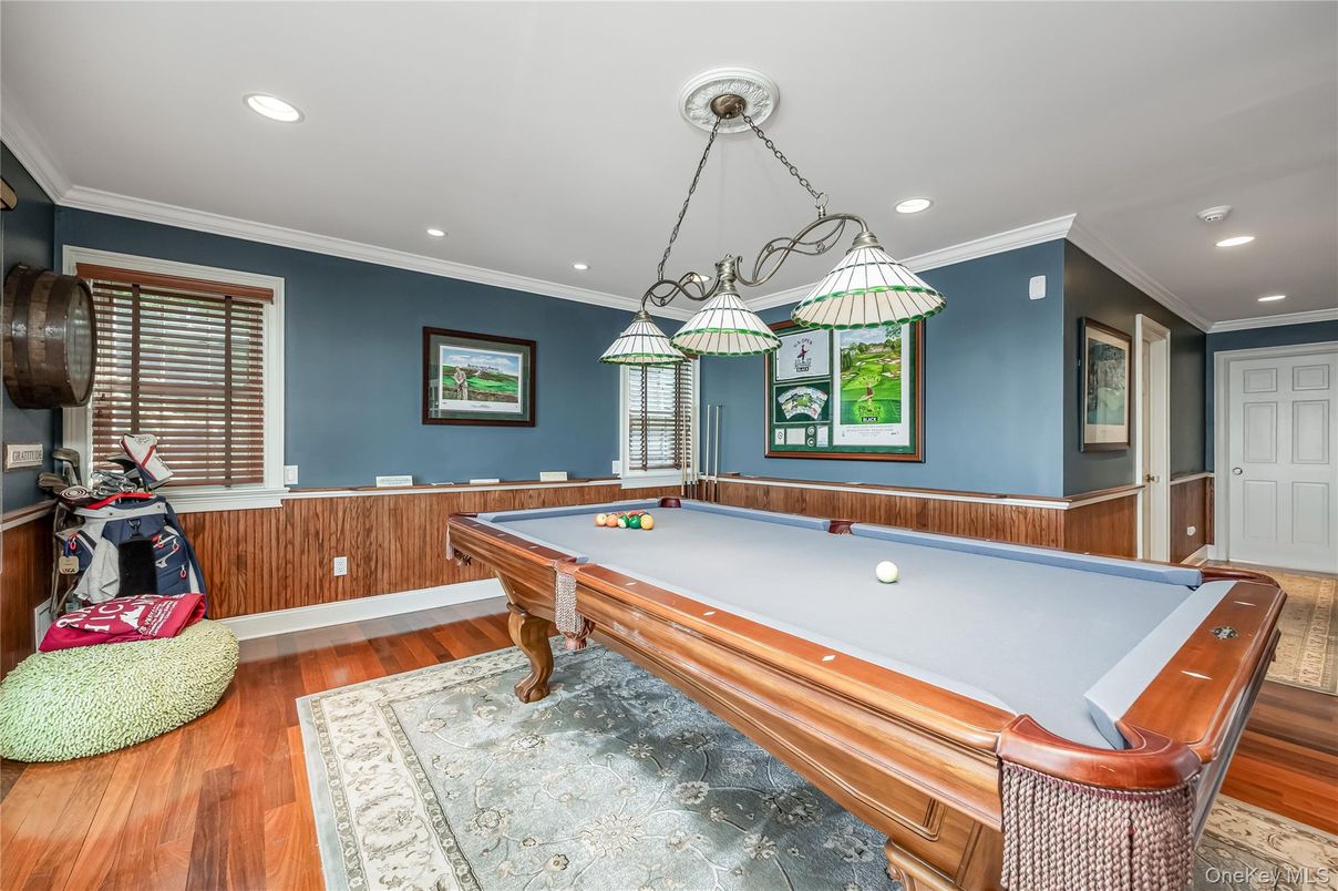Billiard Table, Game Room, Interior, Pendant Lights, Recessed Lighting, Wood Texture Flooring