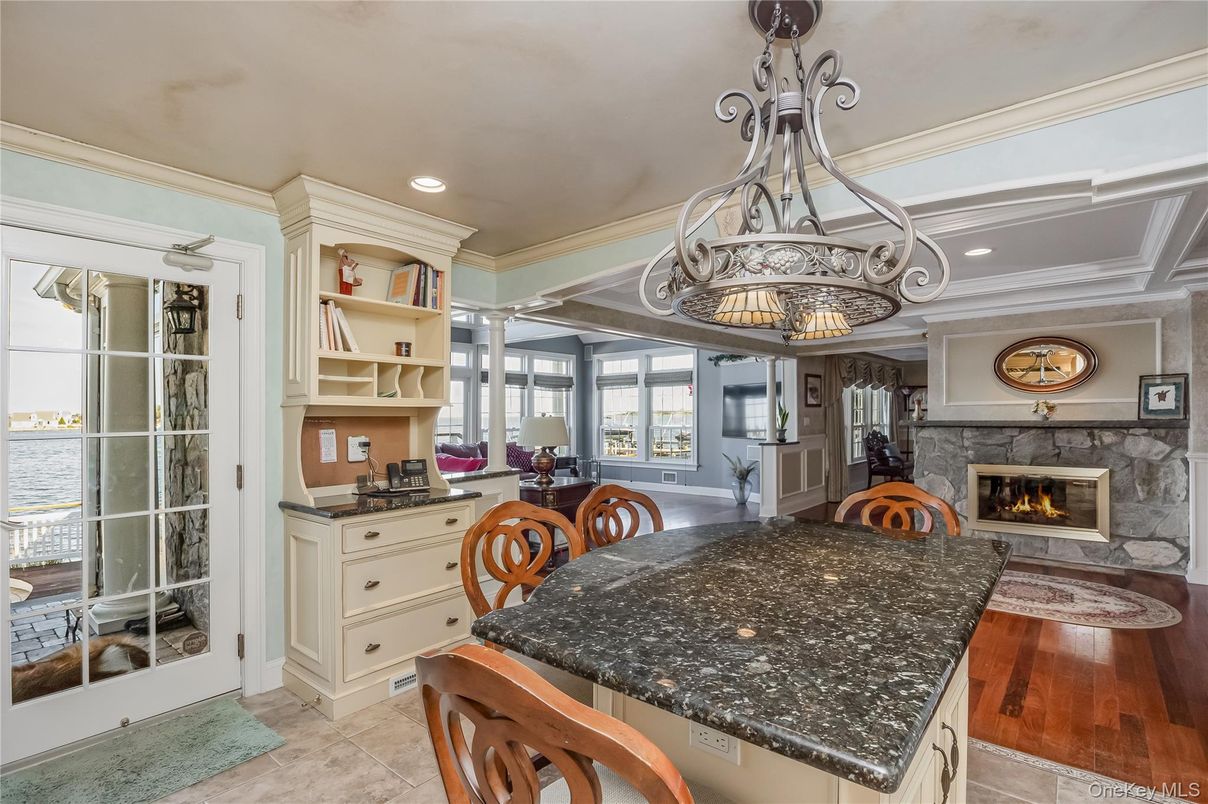 Chandelier, Dining room, Fireplace, Interior, Kitchen, Recessed Lighting