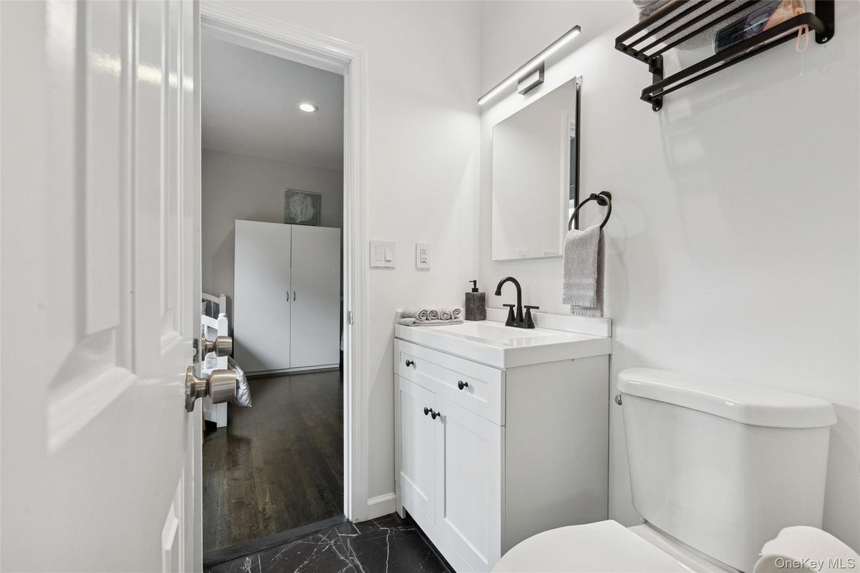 Bathroom, Interior, Marble, Recessed Lighting, Wood Texture Flooring