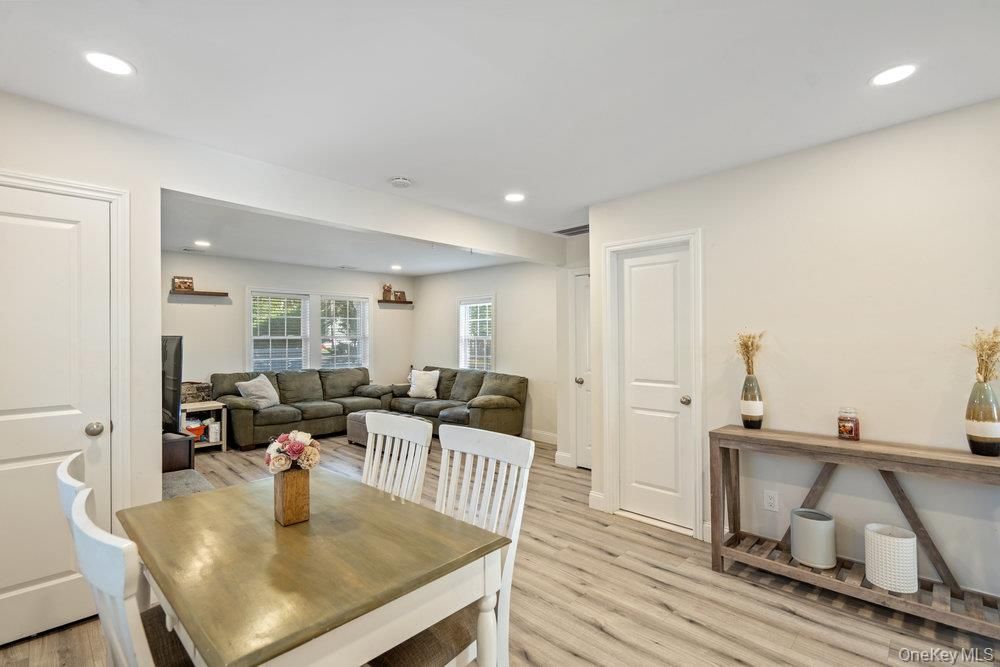 Dining room, Interior, Living room, Recessed Lighting, Wood Texture Flooring