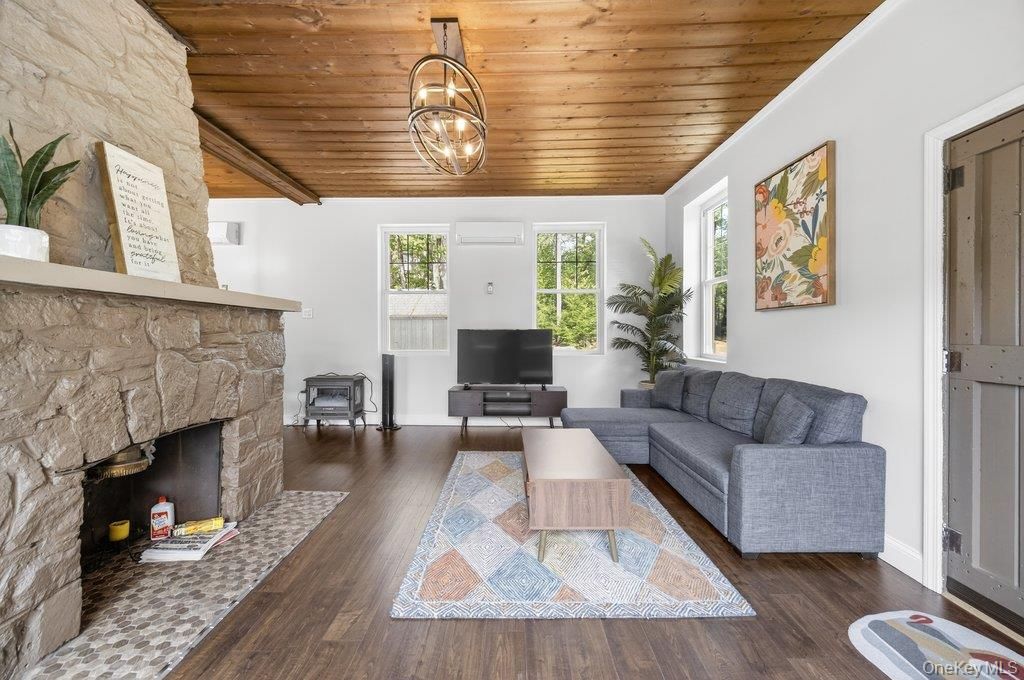 Fireplace, Interior, Living room, Pendant Lights, Wooden Ceilings, Wood Texture Flooring