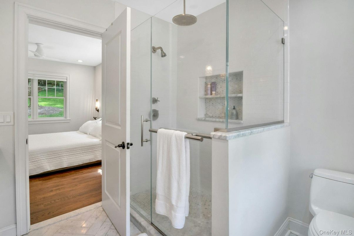Bathroom, Bedroom, Glass Shower, Interior, Marble, Recessed Lighting, Wood Texture Flooring