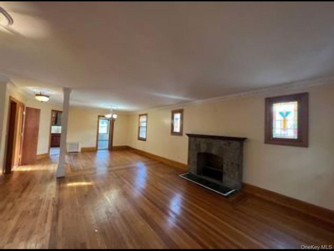 Empty room, Fireplace, Interior, Pendant Lights, Wood Texture Flooring