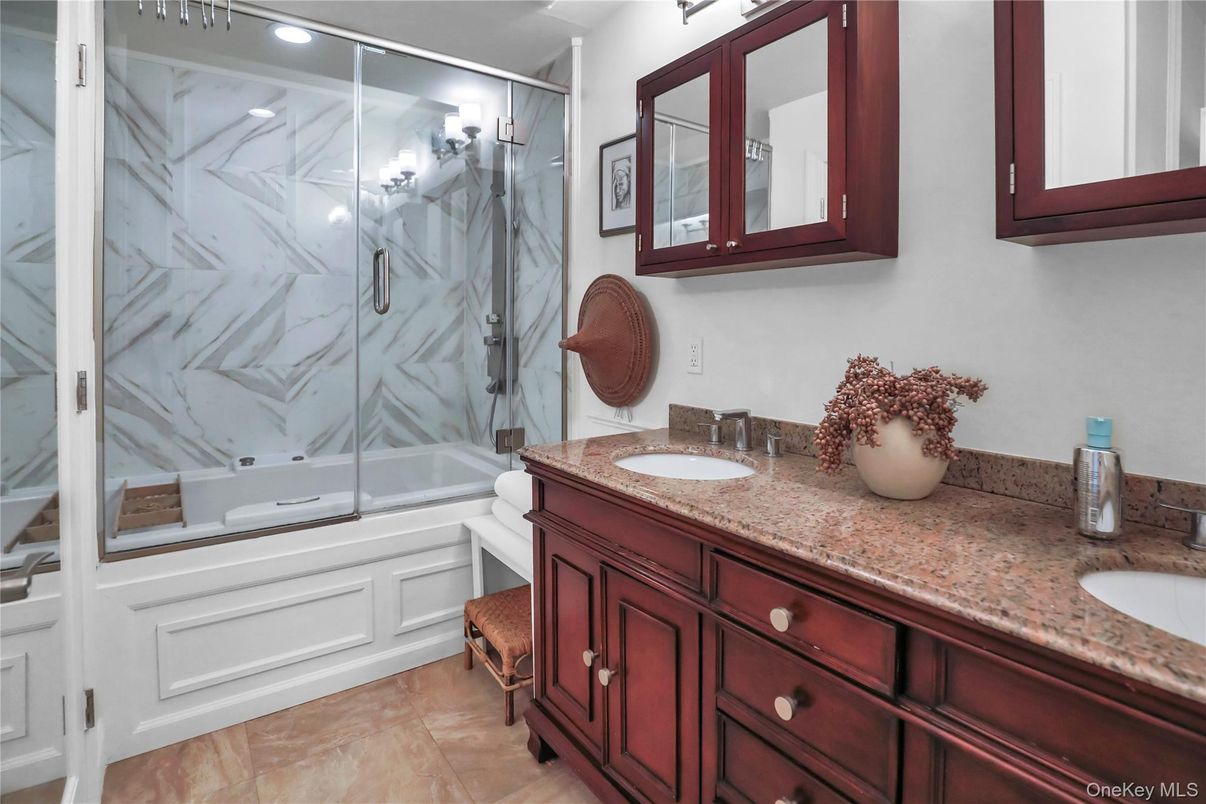 Bathroom, Dual Sink Vanities, Glass Shower, Interior, Marble Walls