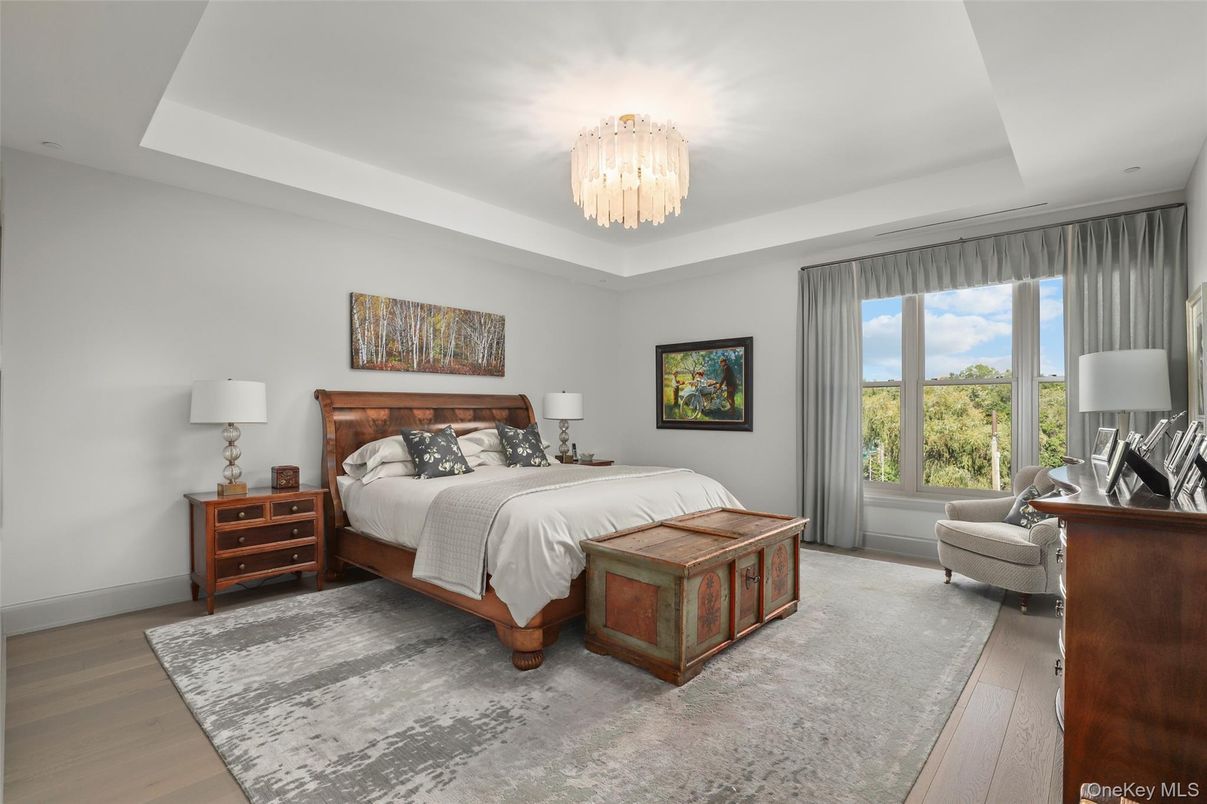 Bedroom, Chandelier, Interior, Wood Texture Flooring