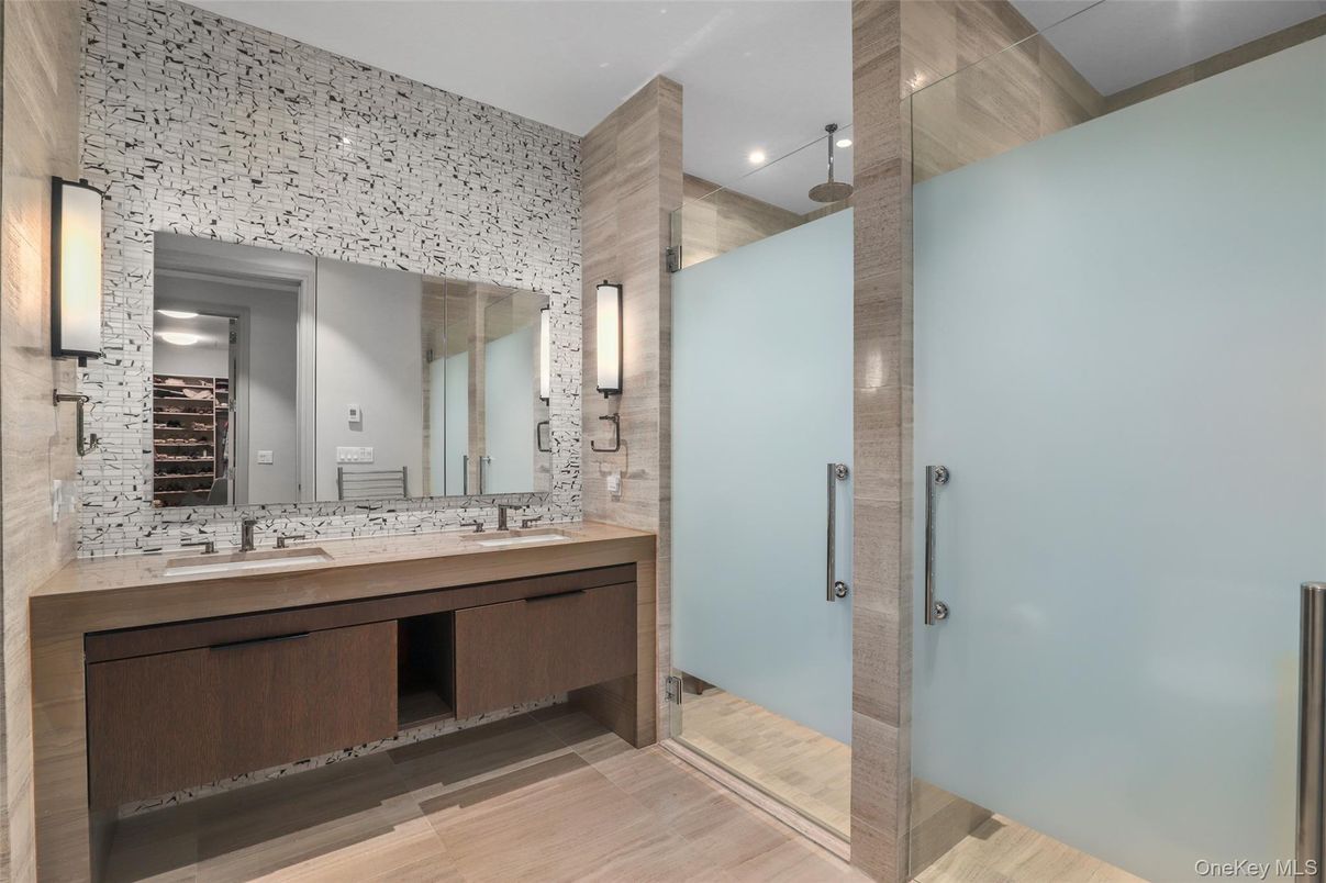 Bathroom, Dual Sink Vanities, Interior, Recessed Lighting, Wood Texture Flooring