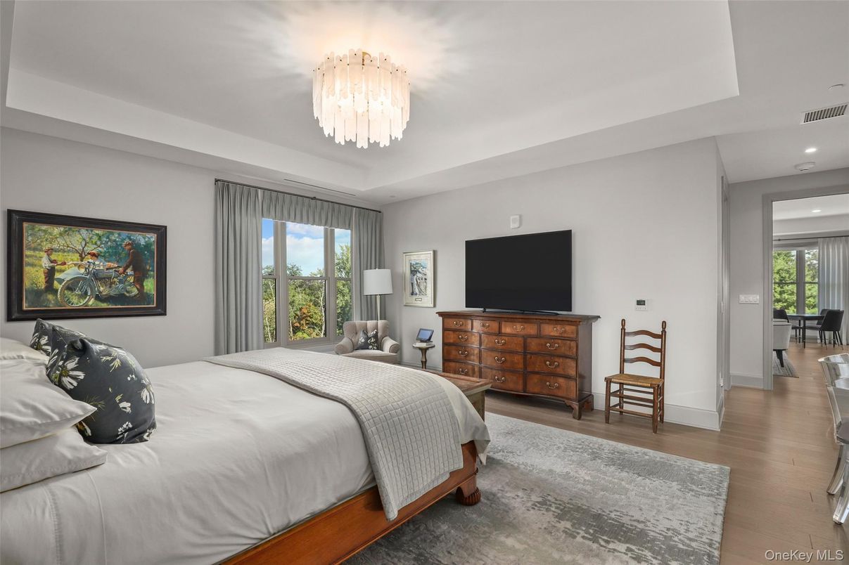 Bedroom, Chandelier, Interior, Recessed Lighting, Wood Texture Flooring