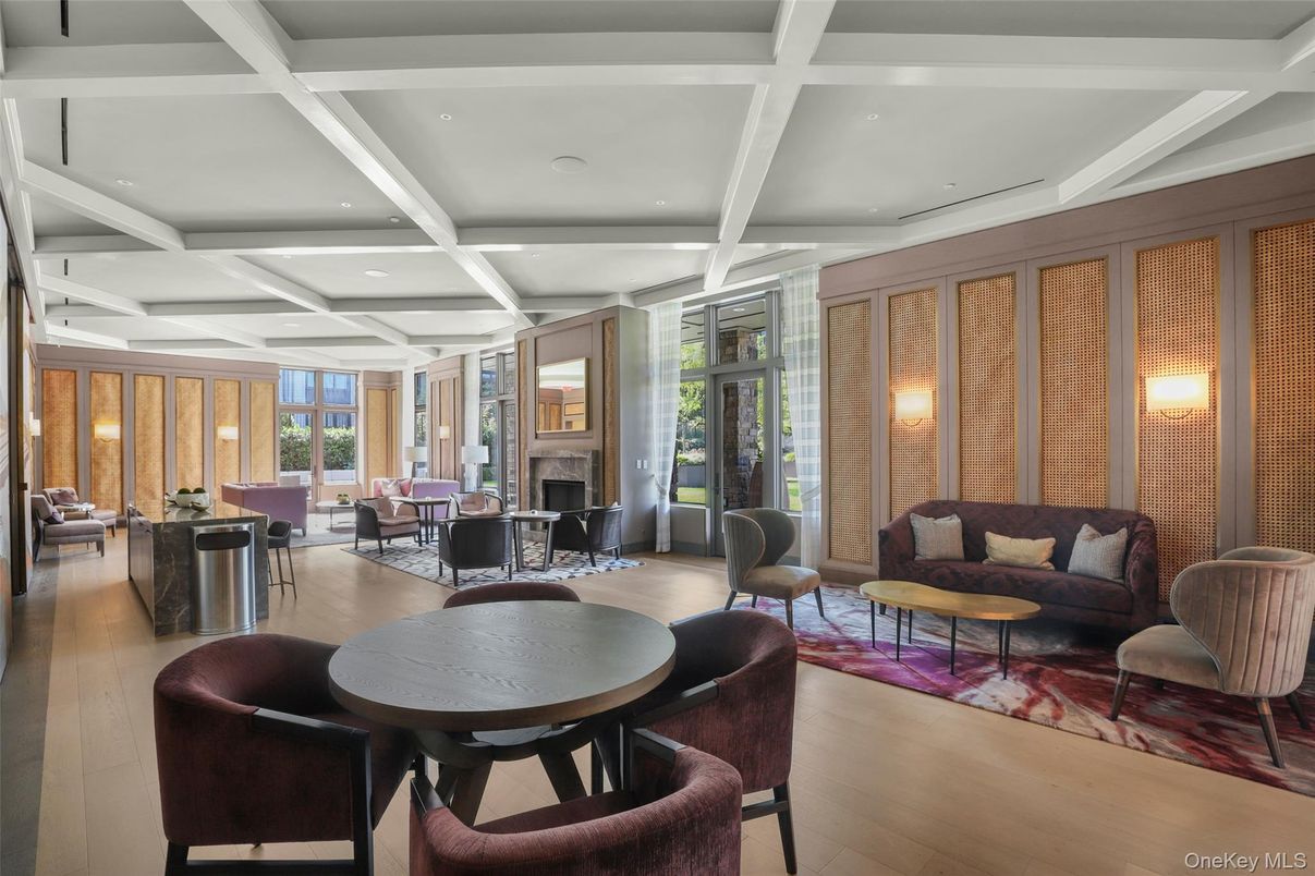 Dining room, Fireplace, Interior, Living room, Recessed Lighting, Wood Texture Flooring