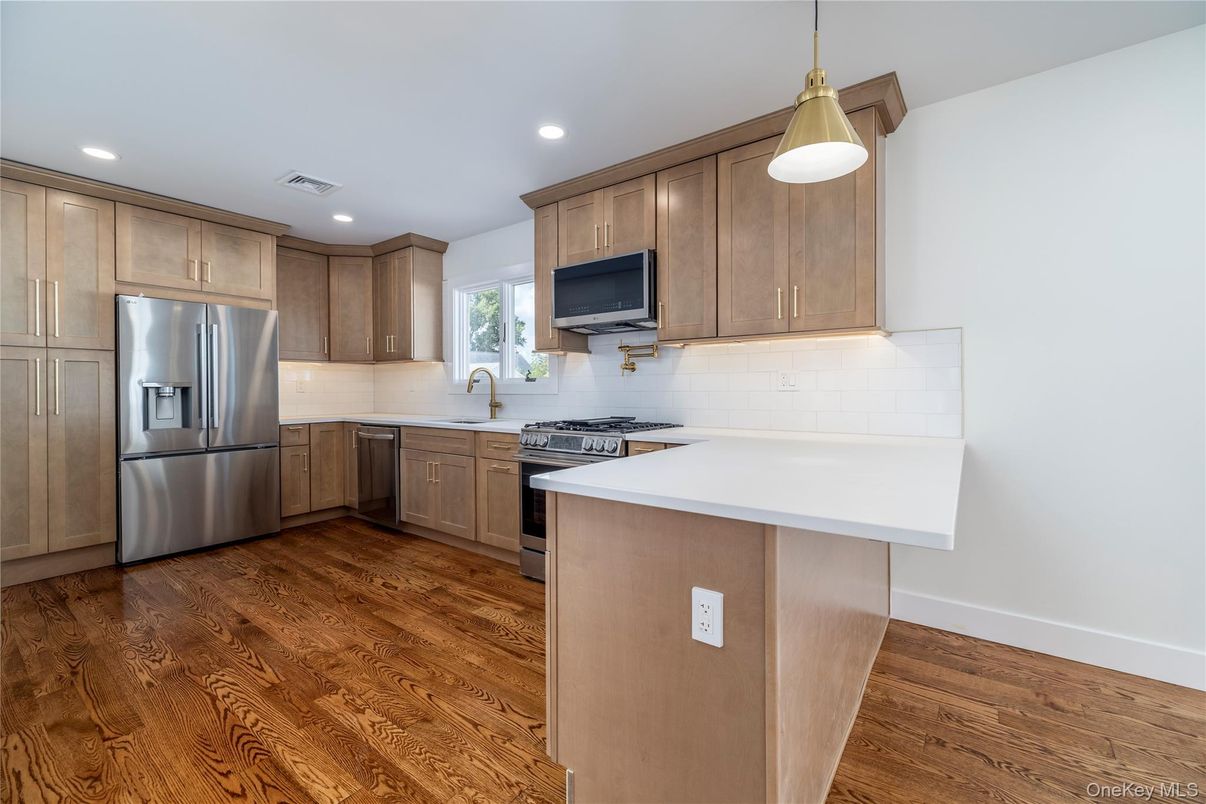 Interior, Kitchen, Pendant Lights, Recessed Lighting, Stainless Steel Appliances, Wood Texture Flooring