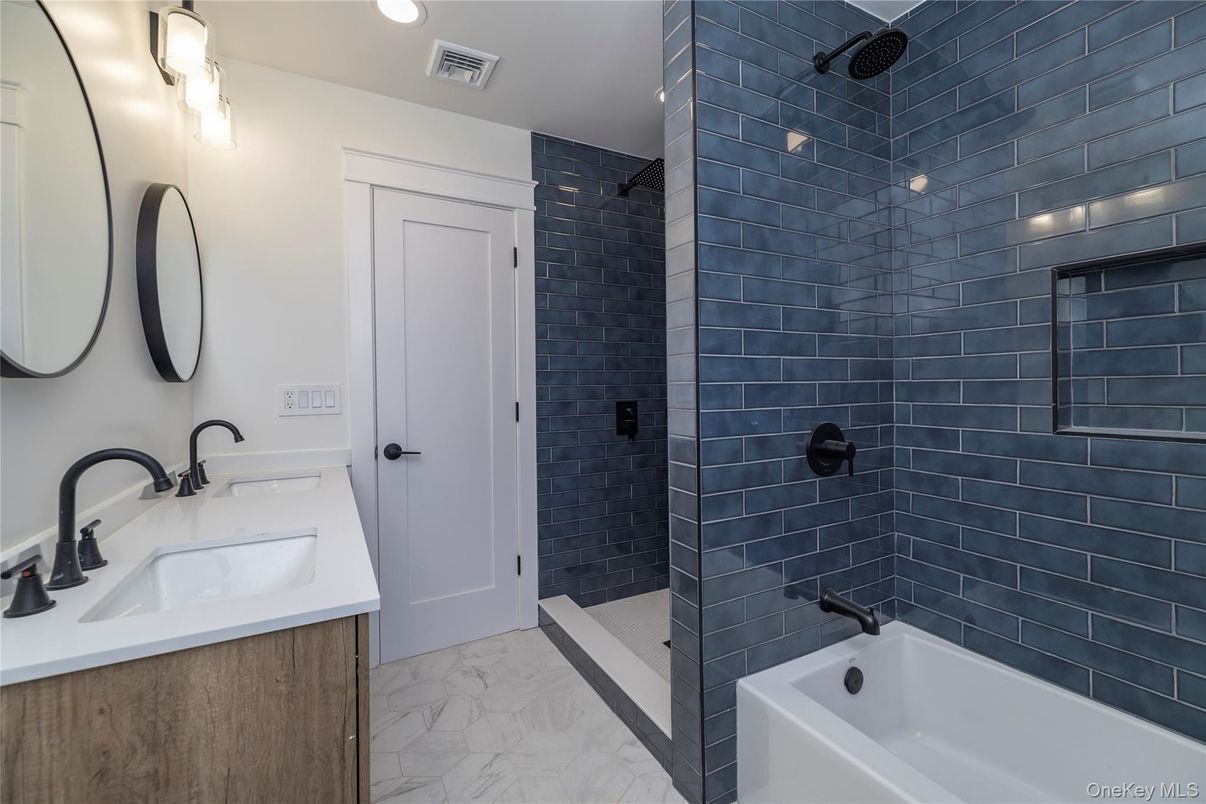 Bathroom, Dual Sink Vanities, Interior, Marble, Recessed Lighting