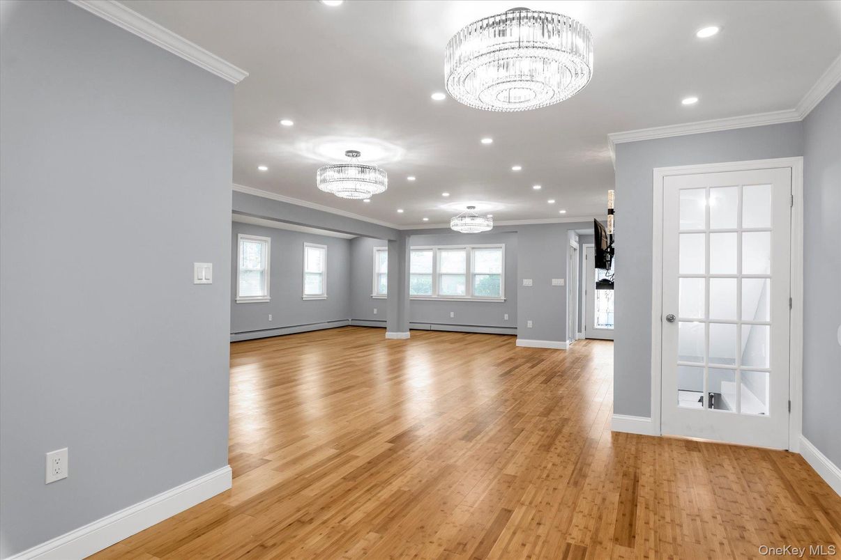 Chandelier, Empty room, Interior, Recessed Lighting, Wood Texture Flooring