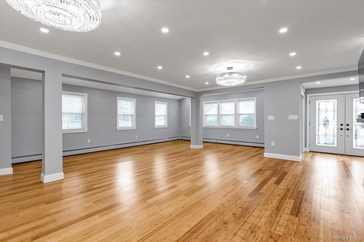 Chandelier, Empty room, Interior, Recessed Lighting, Wood Texture Flooring