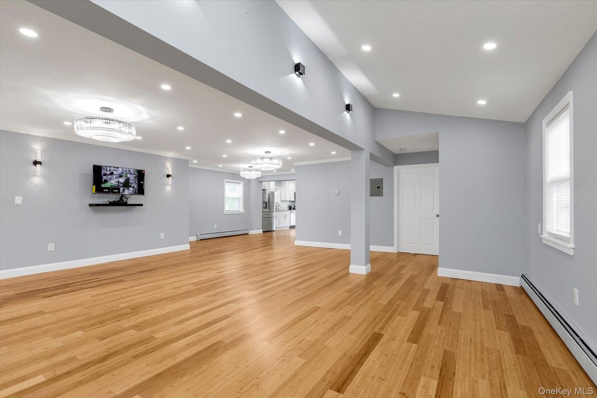 Chandelier, Empty room, Interior, Recessed Lighting, Wood Texture Flooring