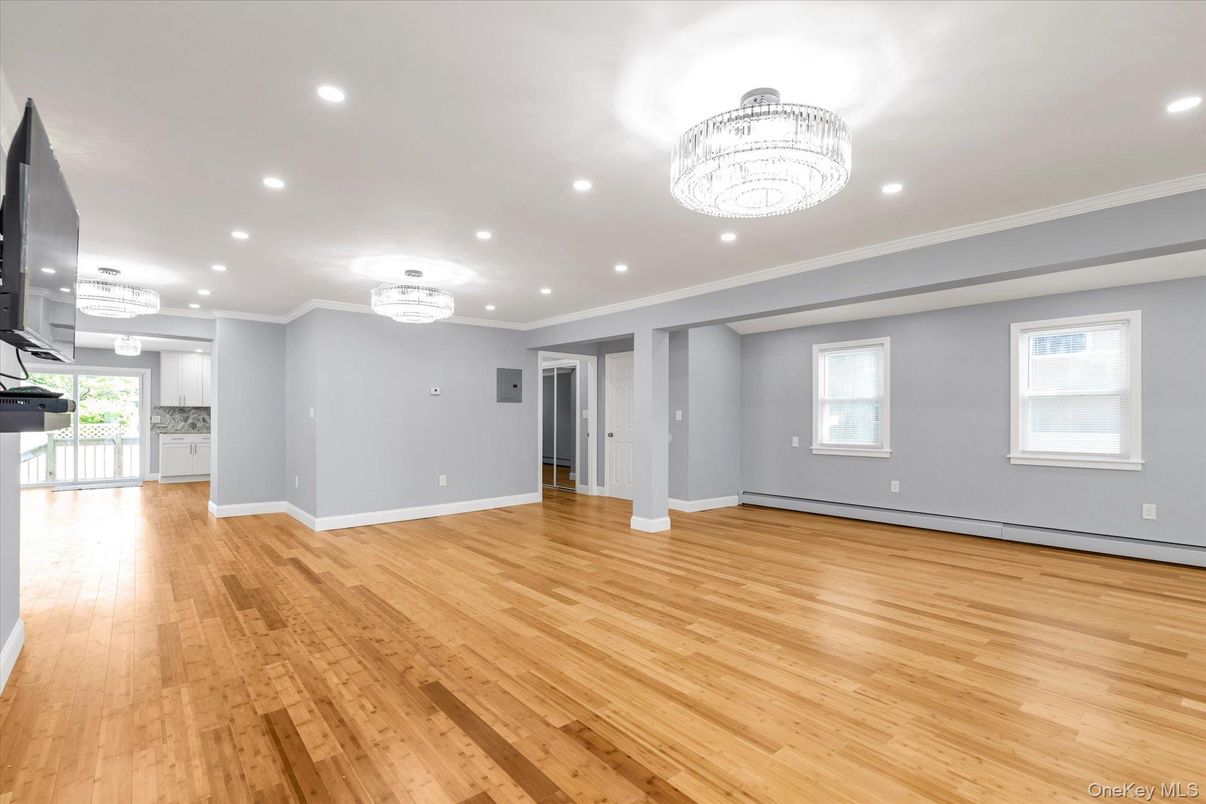 Chandelier, Empty room, Interior, Kitchen, Recessed Lighting, Wood Texture Flooring