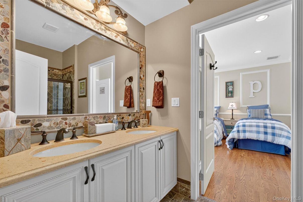 Bathroom, Bedroom, Dual Sink Vanities, Interior, Recessed Lighting, Wood Texture Flooring
