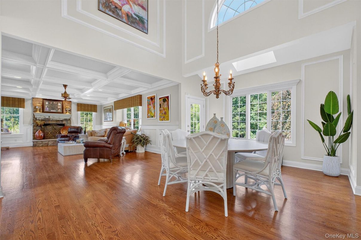 Chandelier, Dining room, Fireplace, Interior, Living room, Wood Texture Flooring