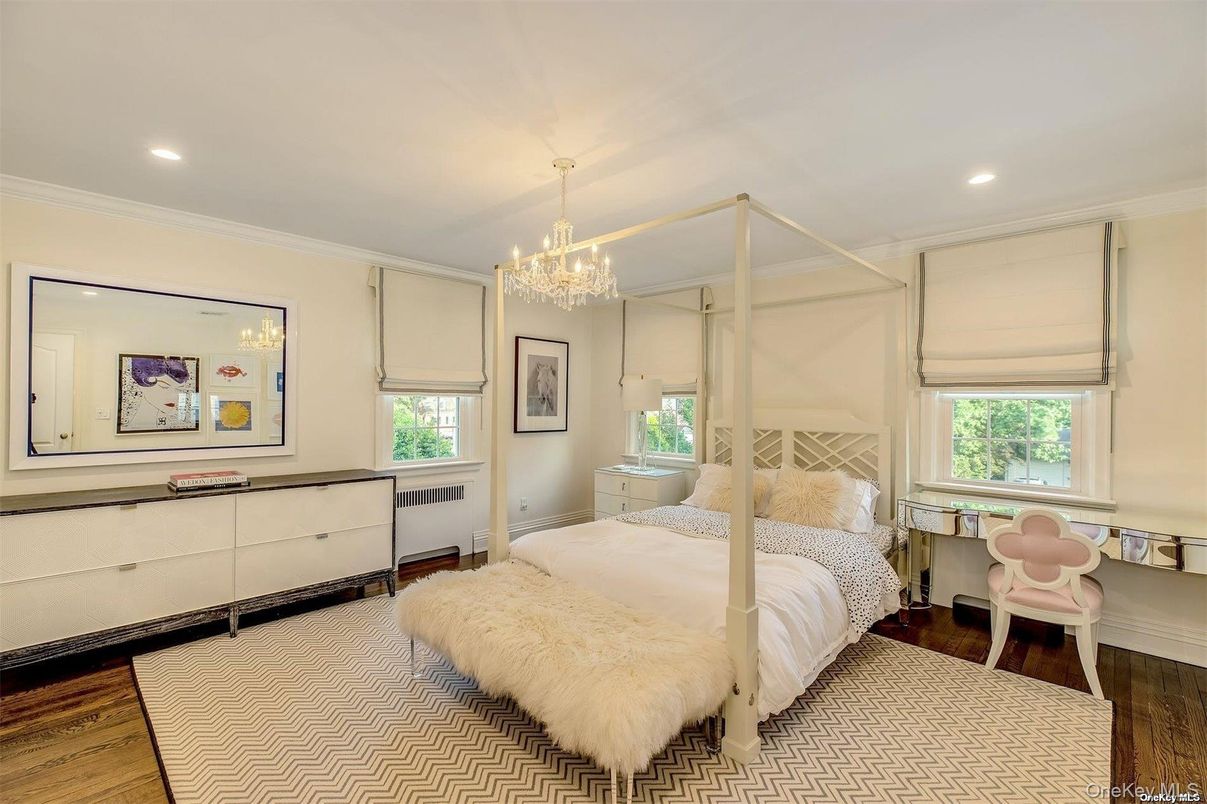 Bedroom, Chandelier, Interior, Recessed Lighting, Wood Texture Flooring