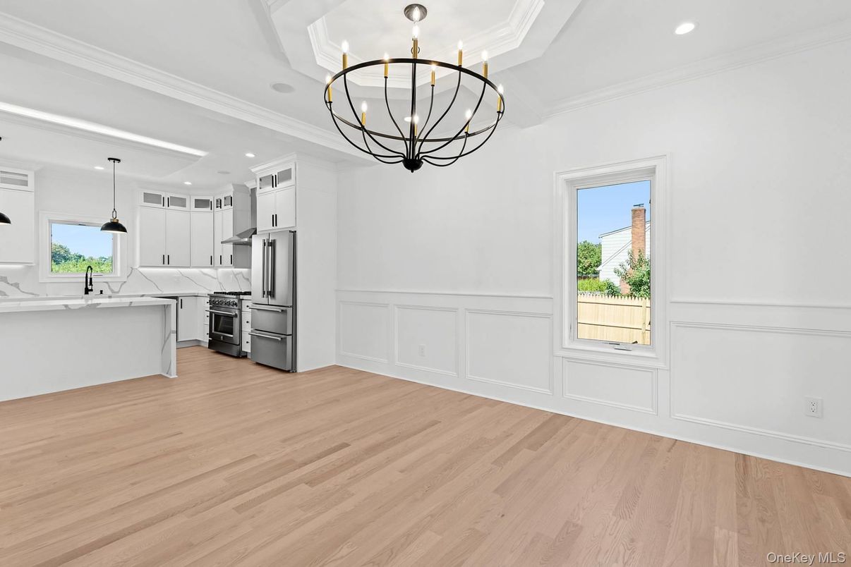 Chandelier, Interior, Kitchen, Pendant Lights, Recessed Lighting, Stainless Steel Appliances, Wood Texture Flooring