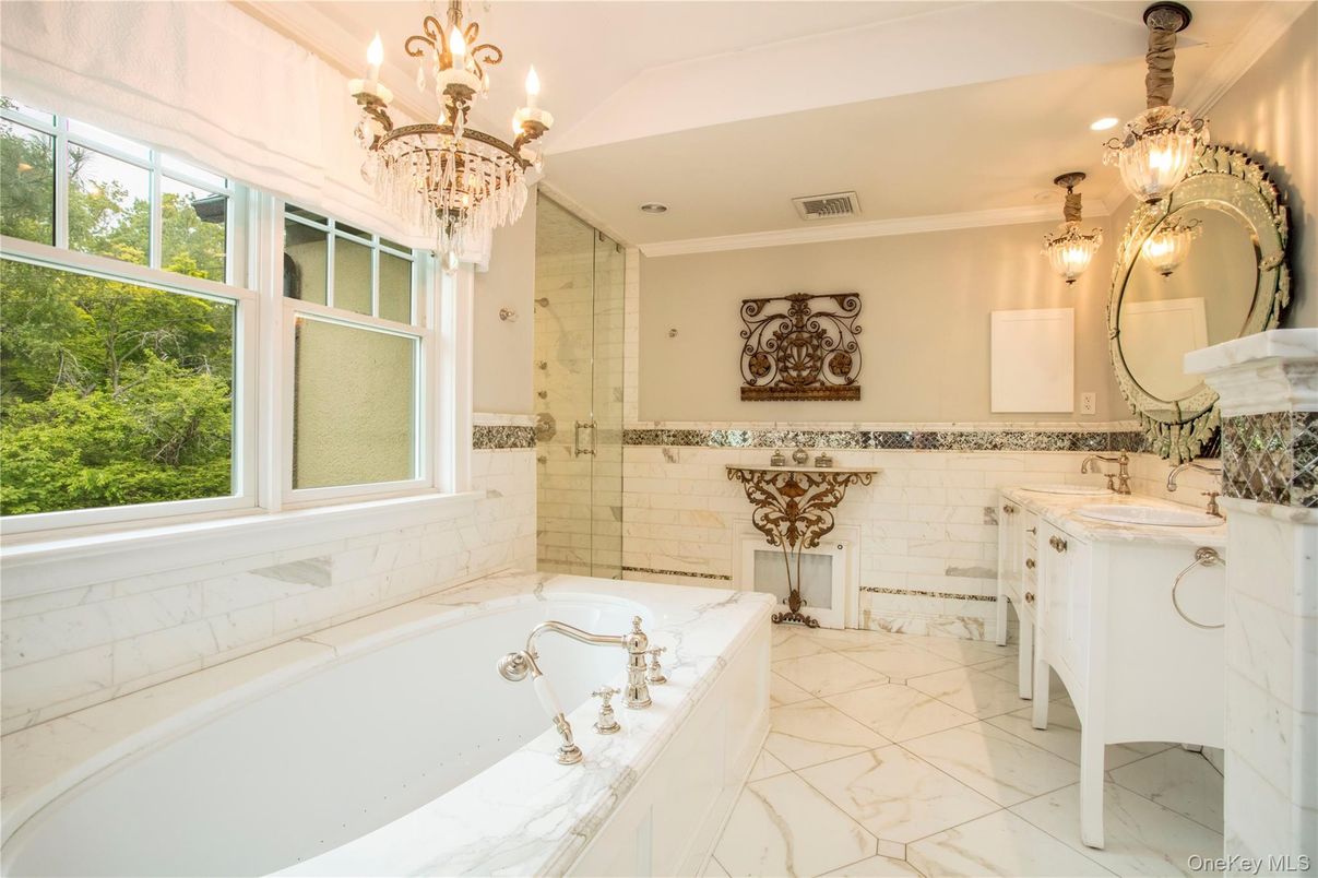 Bathroom, Chandelier, Glass Shower, Interior, Marble