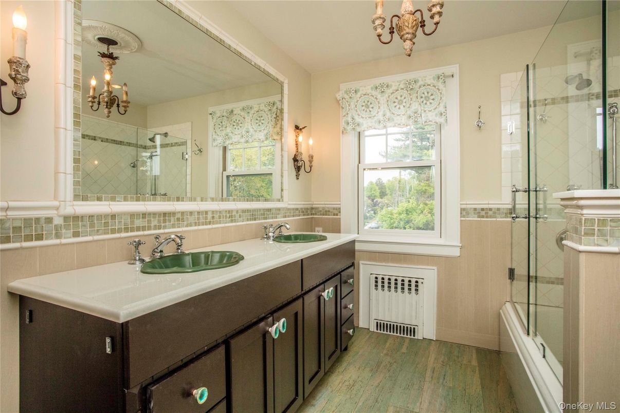 Bathroom, Chandelier, Glass Shower, Interior, Wood Texture Flooring