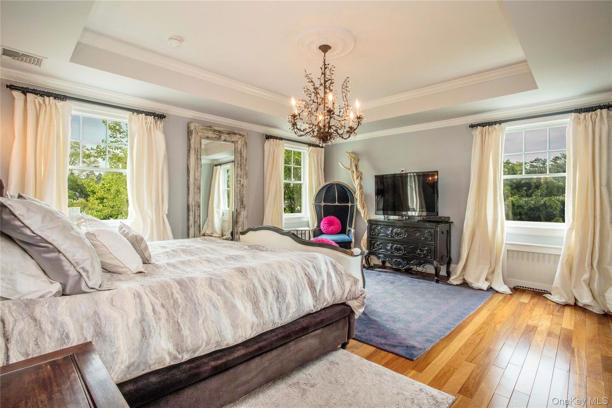 Bedroom, Chandelier, Interior, Wood Texture Flooring