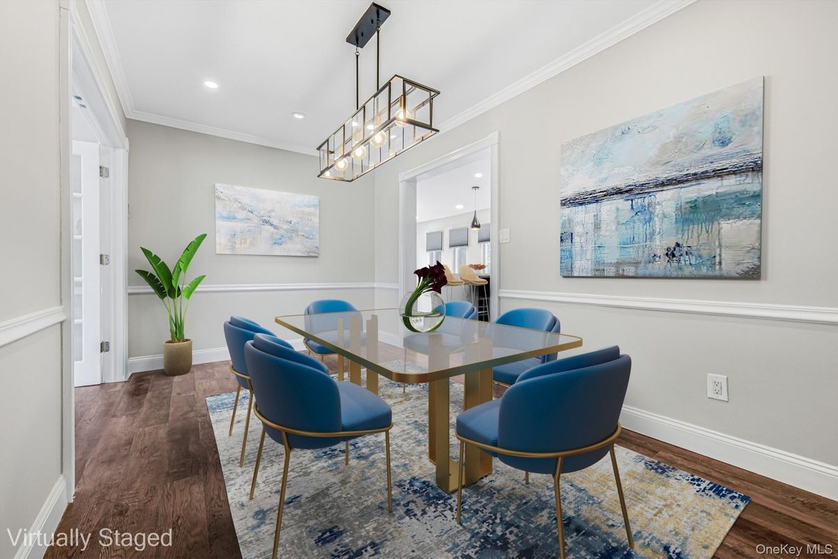 Dining room, Interior, Pendant Lights, Recessed Lighting, Wood Texture Flooring