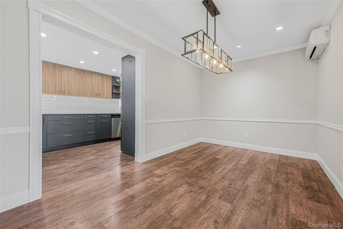 Empty room, Interior, Kitchen, Pendant Lights, Recessed Lighting, Wood Texture Flooring
